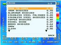 Emissivity Table displayed on screen